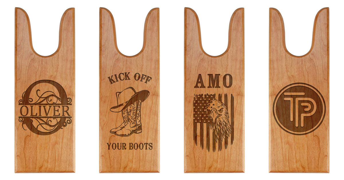 different boot jack designs: compact, tall, curved, kid-sized wooden jacks